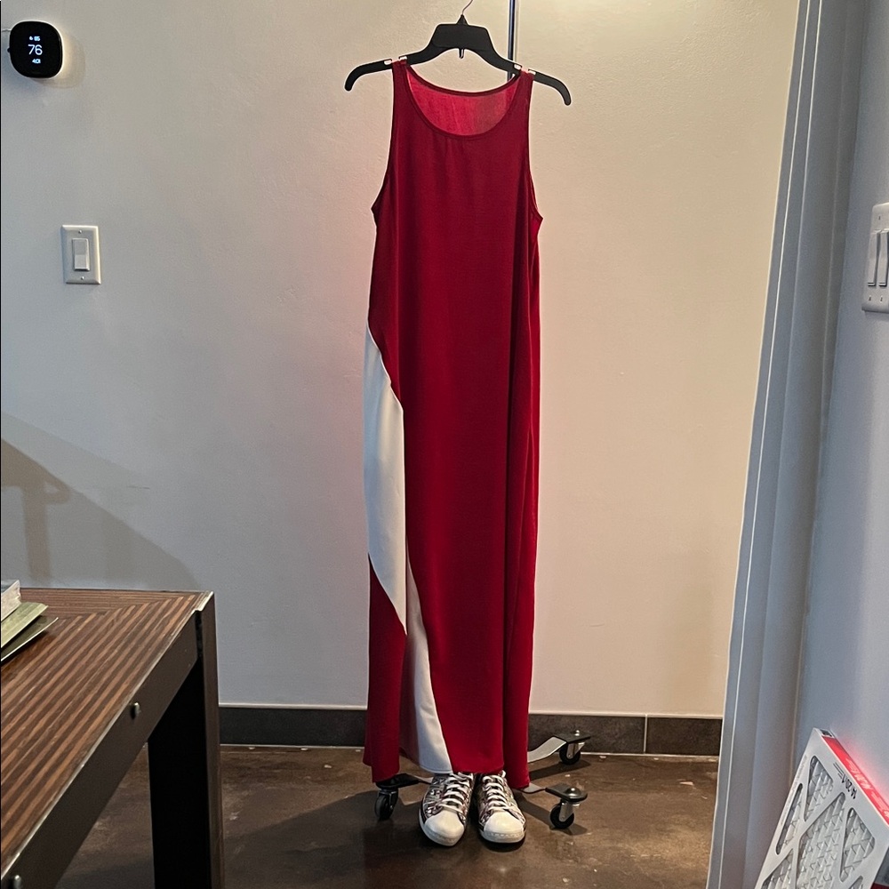 Sleeveless Red Maxi Dress with White Side Panel